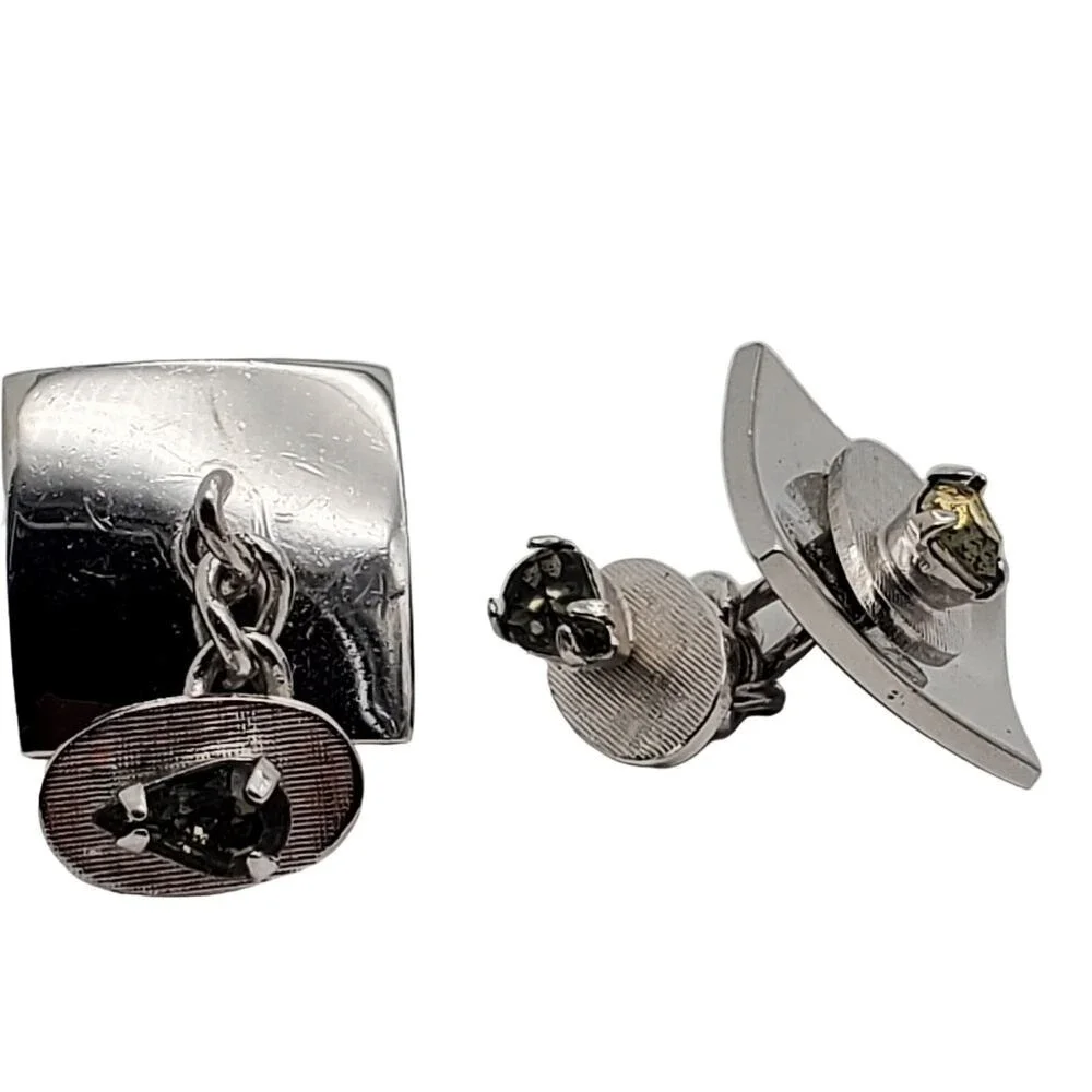 Smoke Faceted Glass Stone Cufflinks‎ Silver Tone Teardrop Double Faced Chainlink